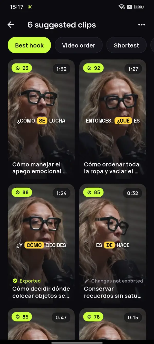 Clips suggested by the AI, each with its score